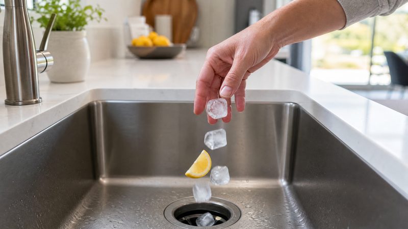 Cleaning a garbage disposal with ice cubes and lemon wedges