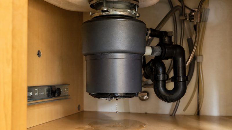 Garbage disposal leaking from the bottom under a kitchen sink