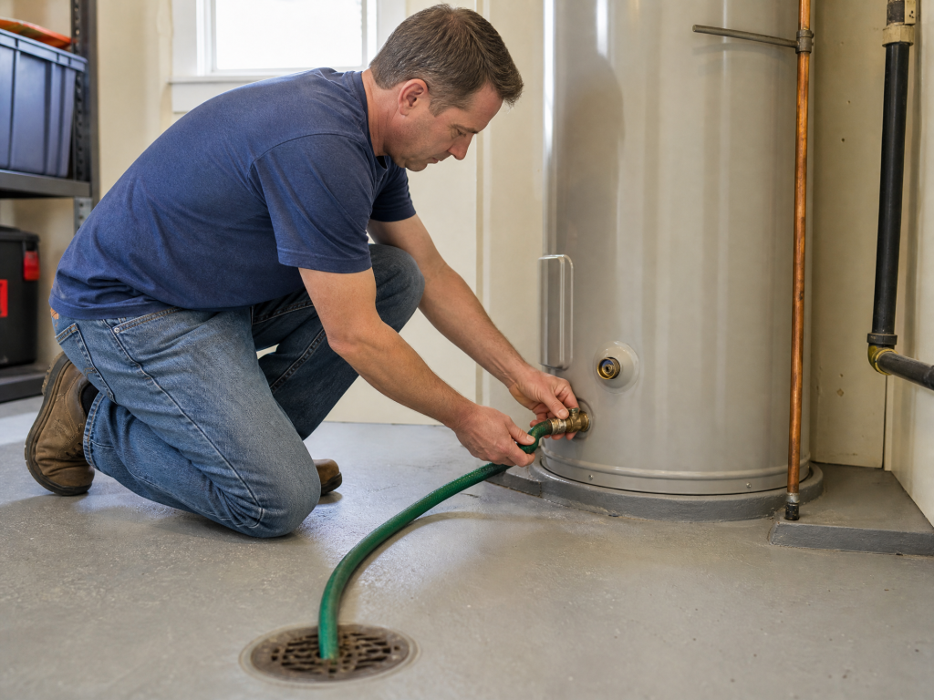 Homeowner in casual clothes connecting a green garden hose to the drain valve at the bottom of a residential water heater to flush out mineral sediment