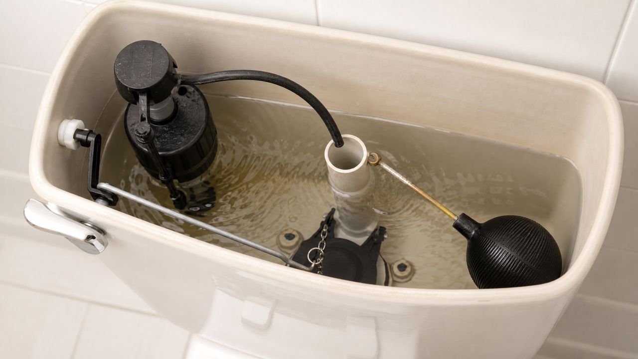 Inside view of a toilet tank showing the flapper, fill valve, and float ball - common causes of a running toilet