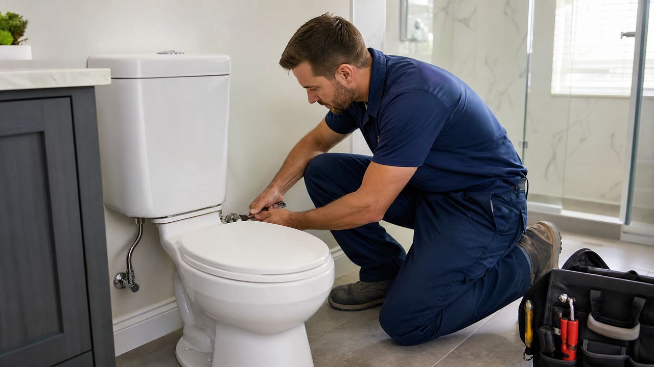 A professional plumber in a blue uniform kneeling beside a white toilet, performing toilet repair or installation