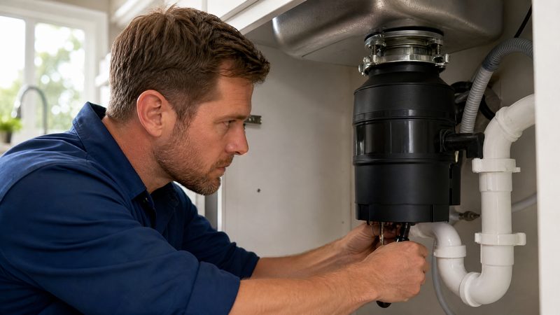 Professional plumber installing a new garbage disposal under a kitchen sink