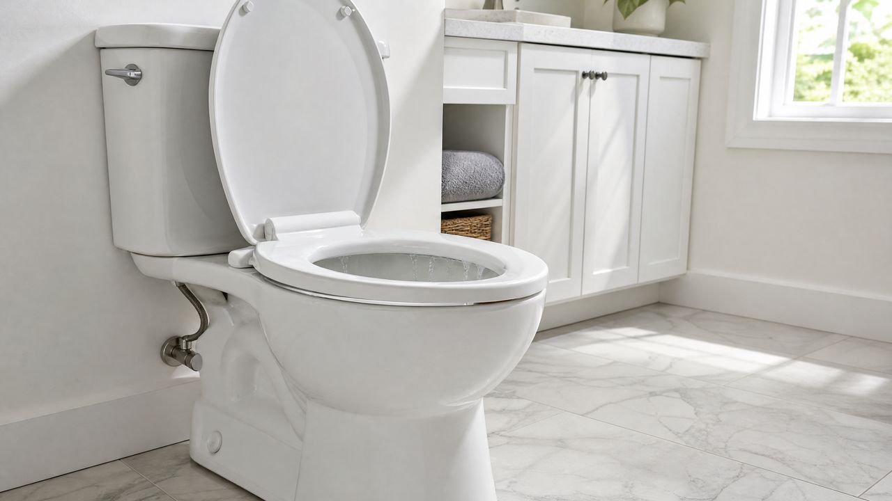 A white toilet in a clean bathroom with water trickling down the inside of the bowl, indicating a running toilet leak