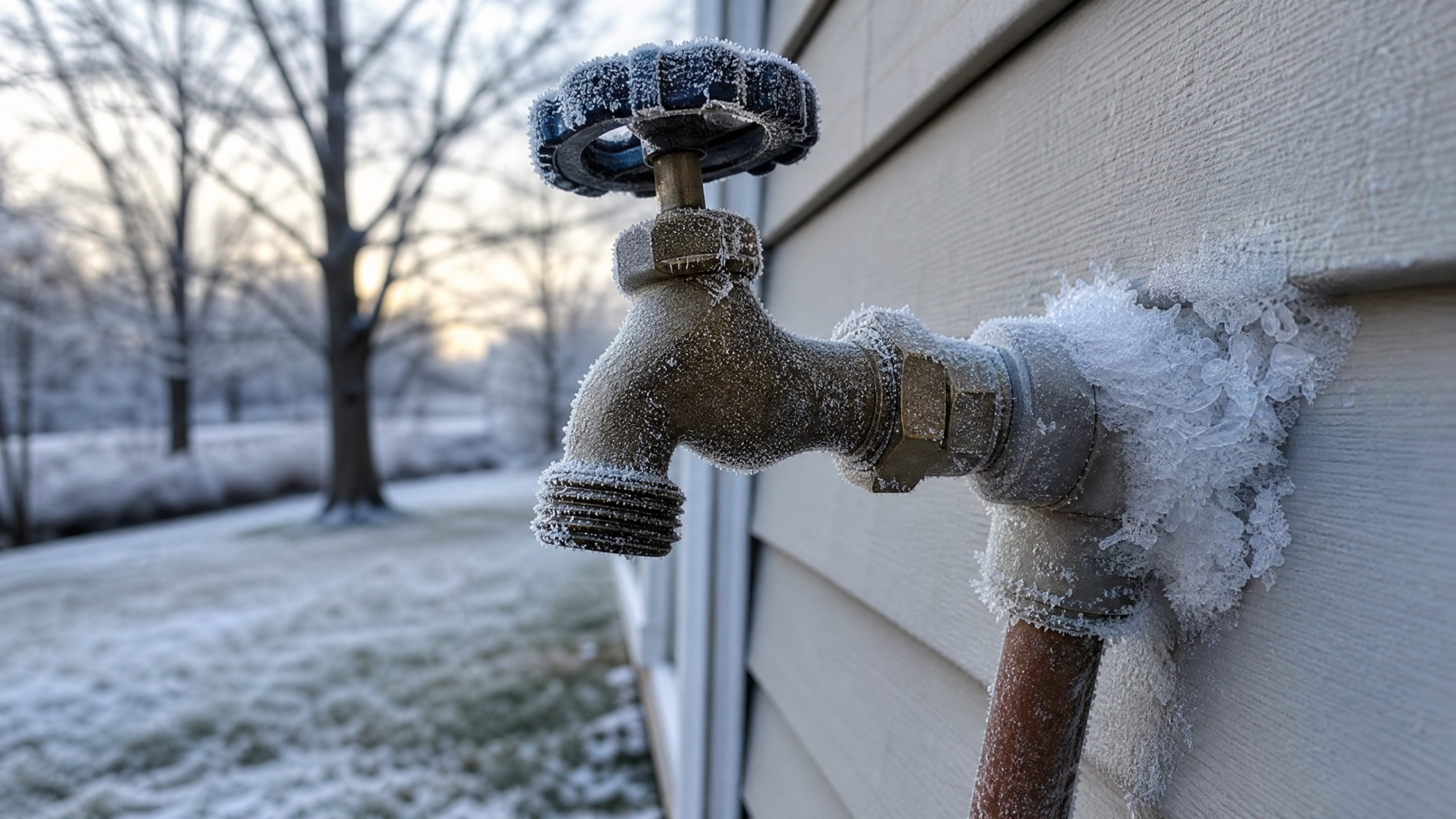 Outdoor spigot covered in frost and ice crystals during a winter freeze