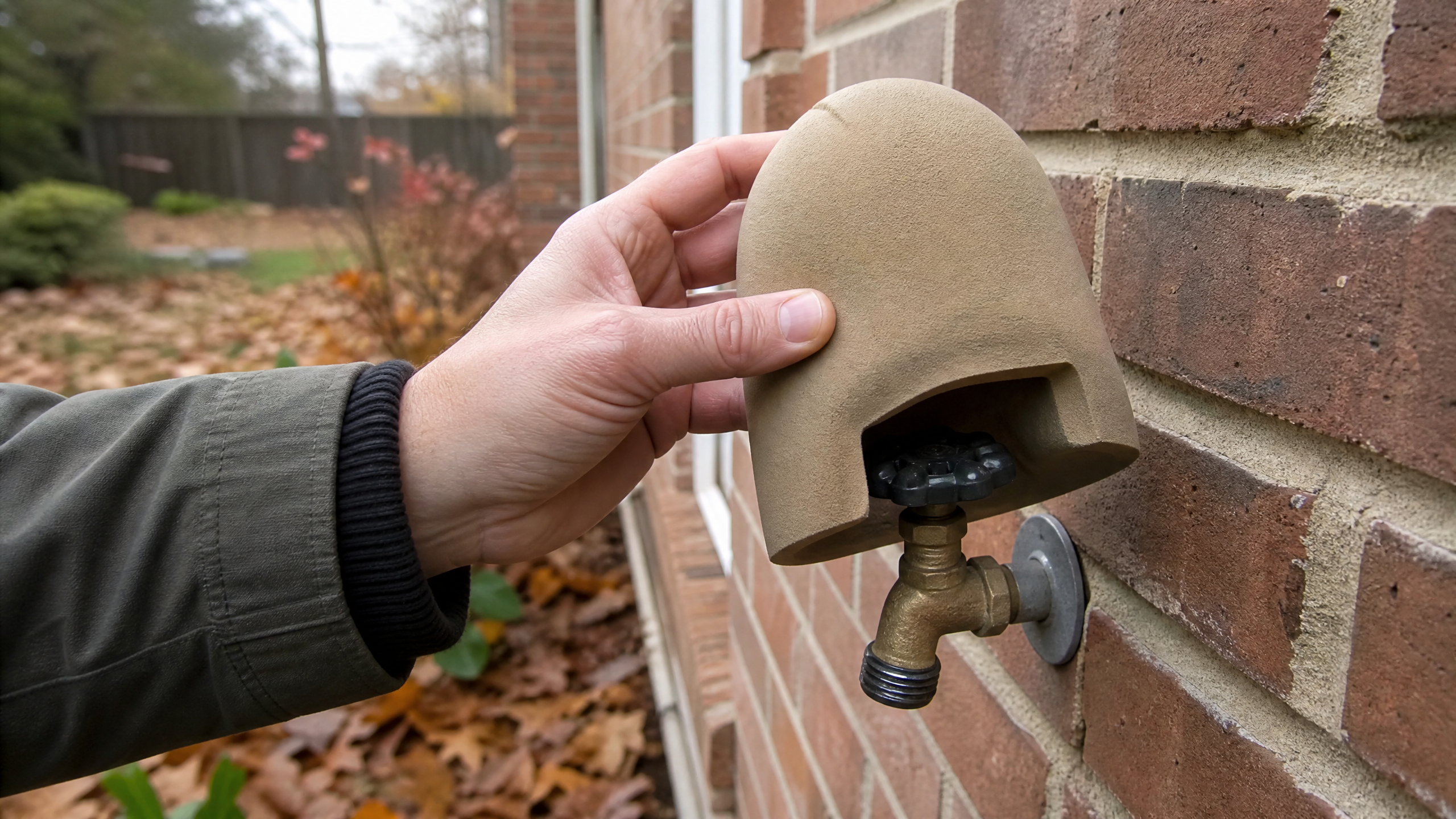 Homeowner placing a foam insulation cover over an outdoor faucet to protect against freezing