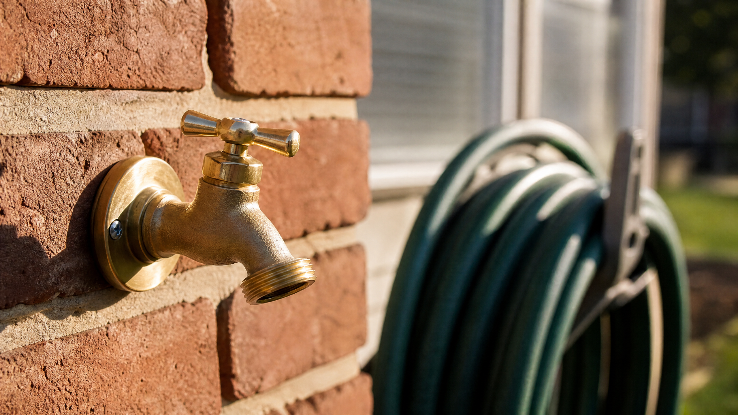 Brass outdoor hose bib mounted on a brick wall of a San Antonio home