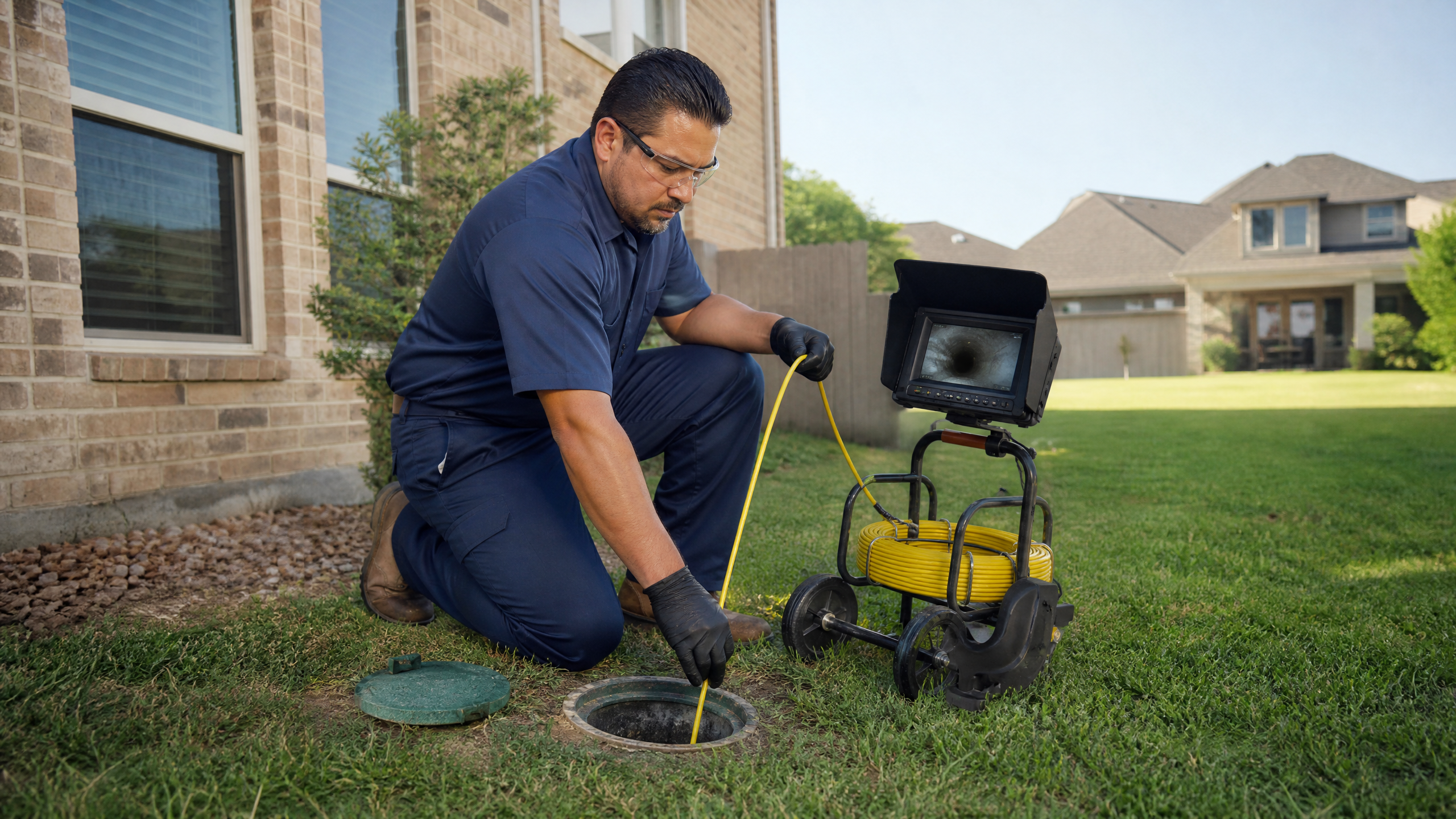 Professional plumber using a sewer camera inspection device to diagnose sewer line problems in a San Antonio residential backyard