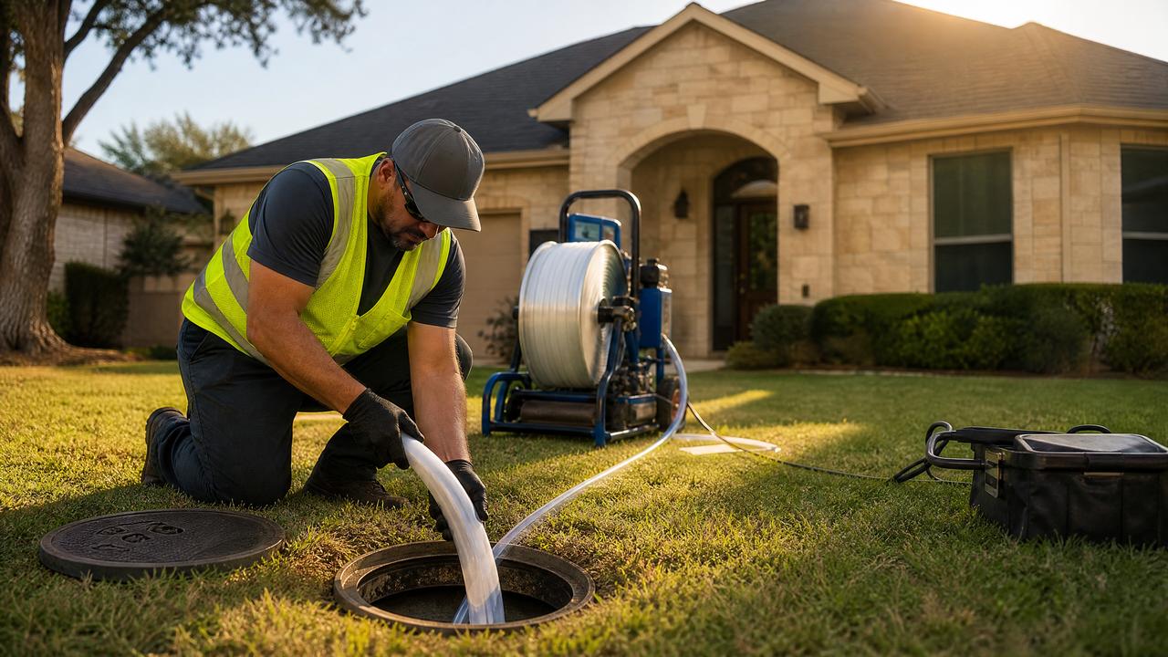 Professional plumber in safety vest working with trenchless pipe lining equipment in a San Antonio residential yard with minimal yard disturbance