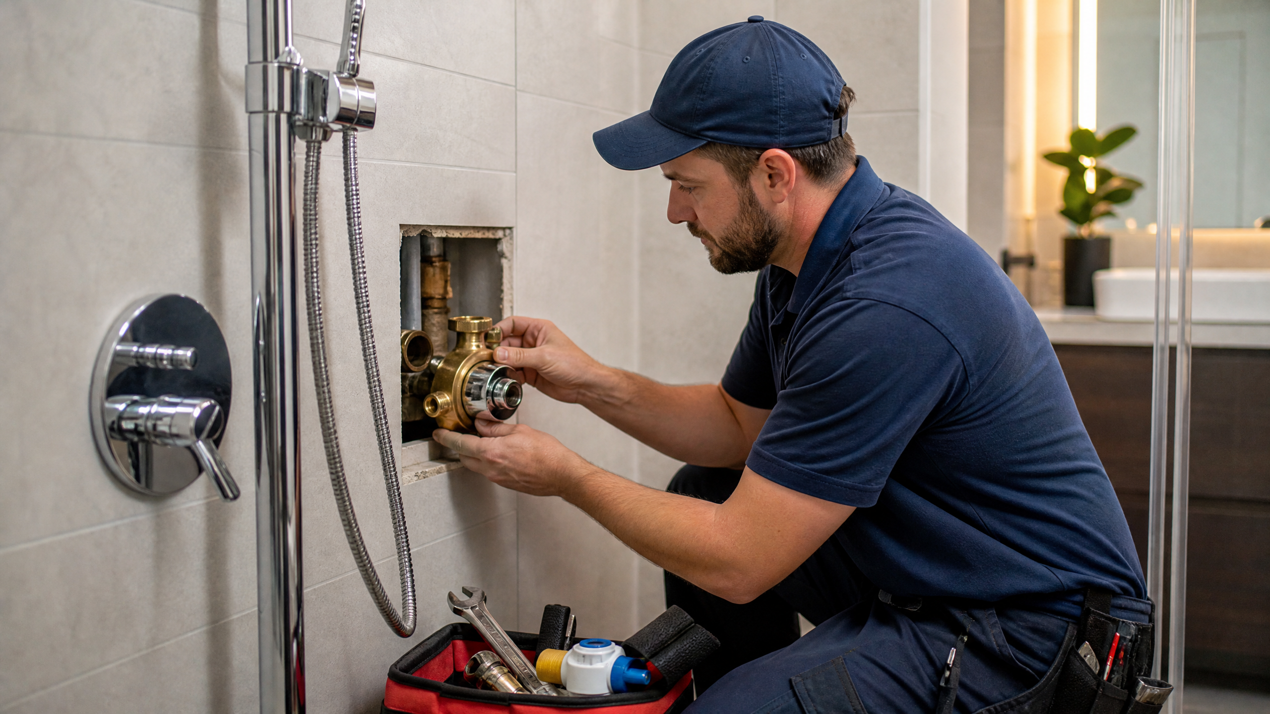 Professional plumber replacing a shower valve