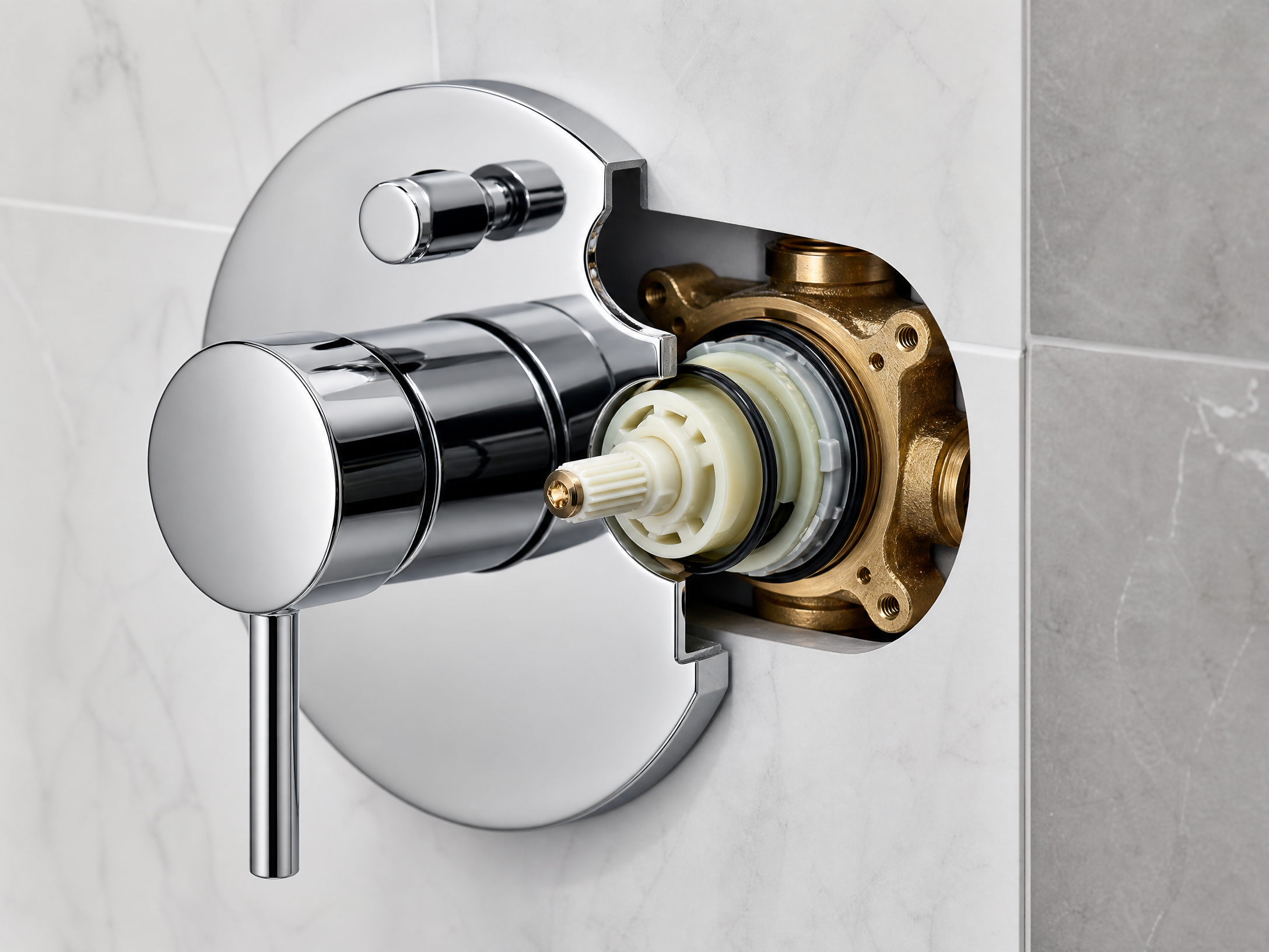Close-up of a modern pressure-balancing shower valve and cartridge assembly