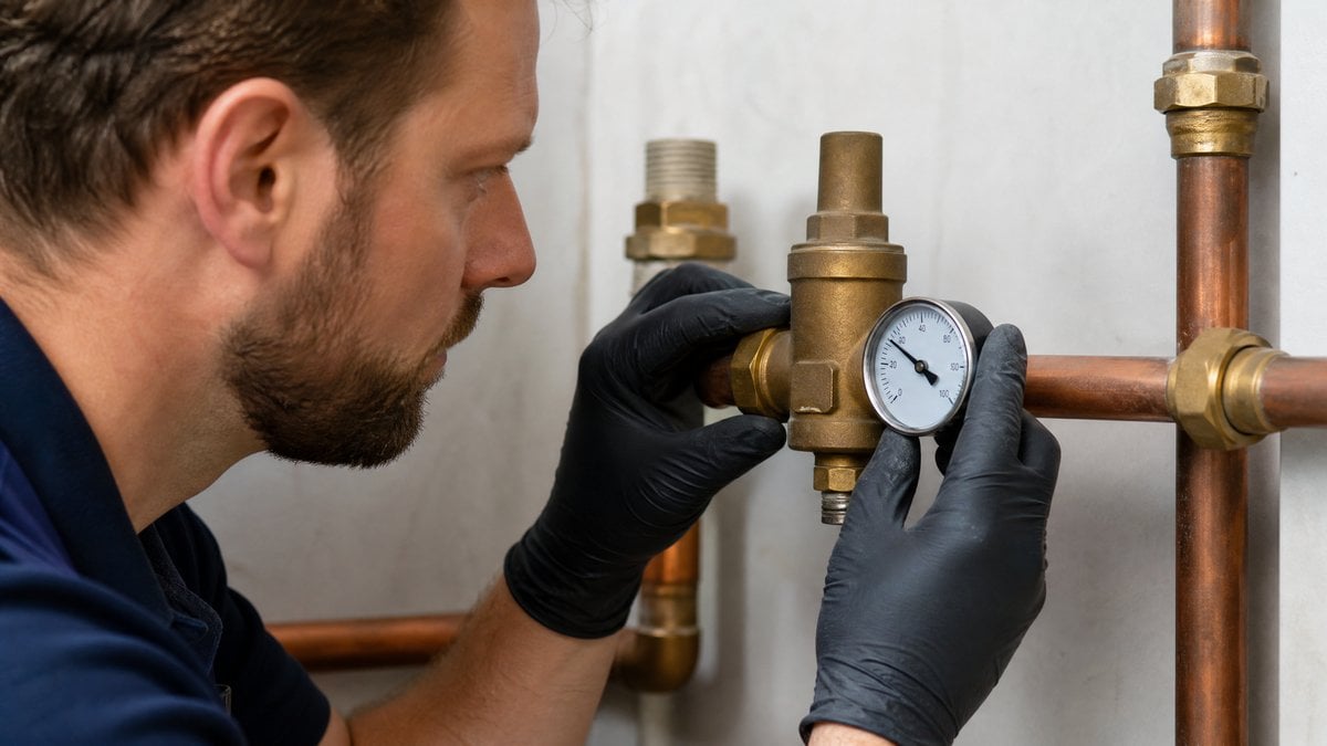 Plumber wearing black gloves inspecting a brass water pressure reducing valve and pressure gauge in San Antonio