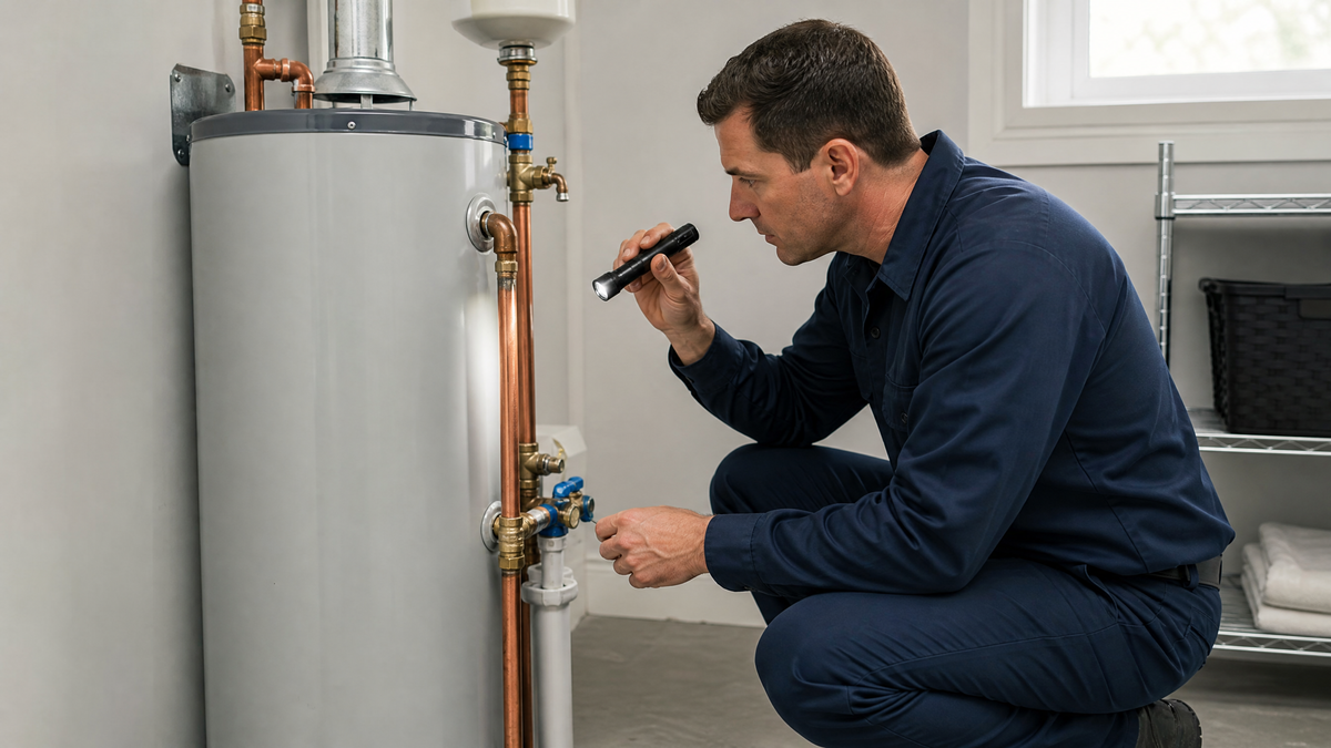 Licensed plumber inspecting water heater temperature and pressure relief valve in San Antonio home