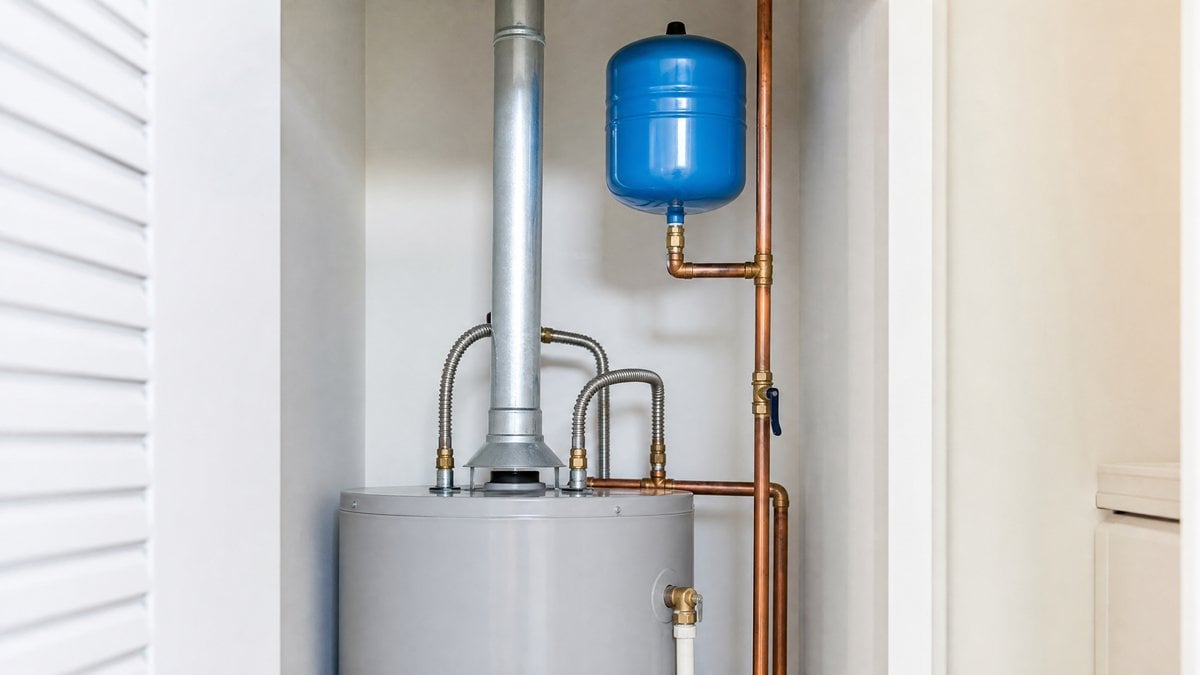 Professional water heater installation featuring a blue thermal expansion tank on cold water supply pipe in San Antonio home